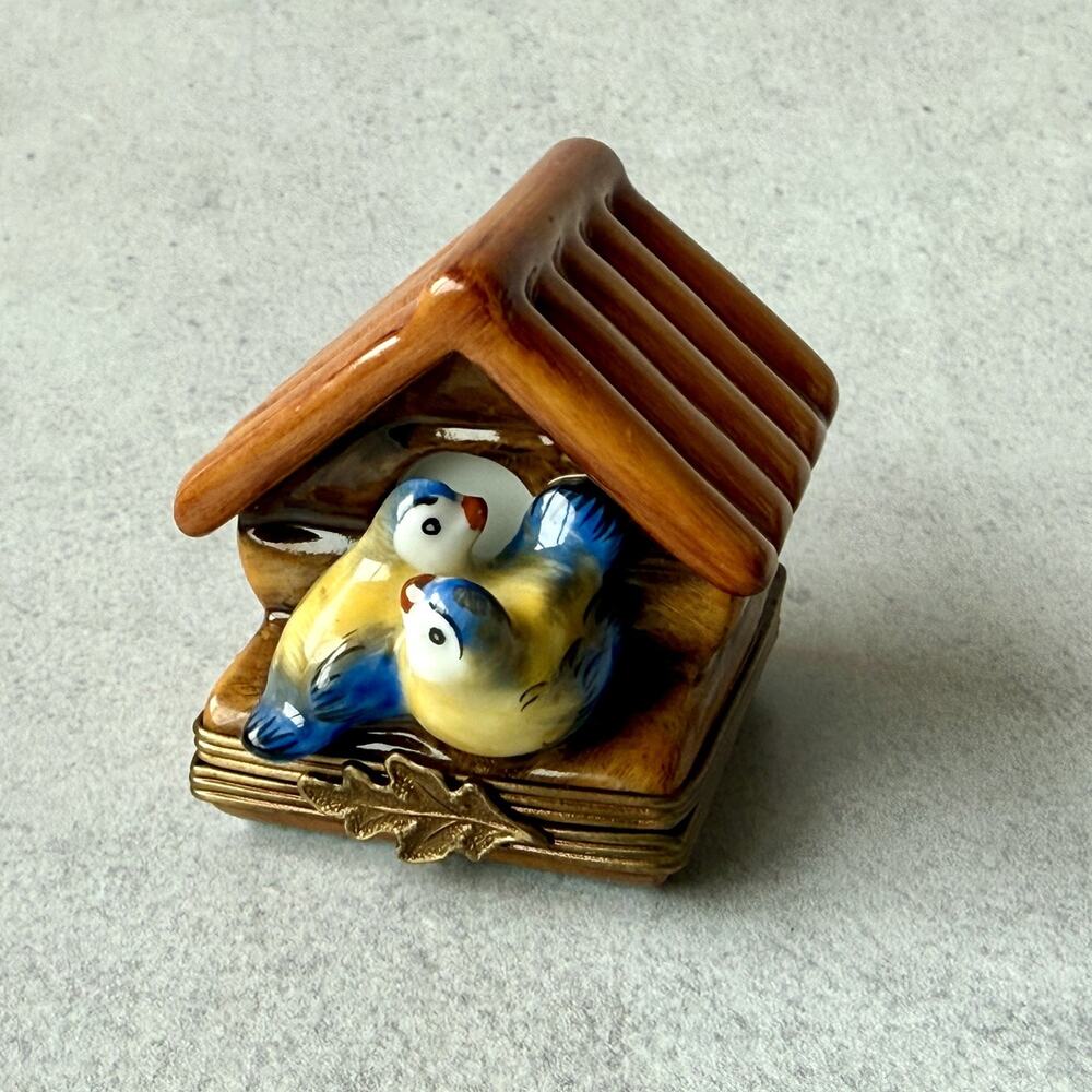 Vintage Limoges Trinket Box Two Birds Birdhouse Leaf Hand Painted Parry Vieille